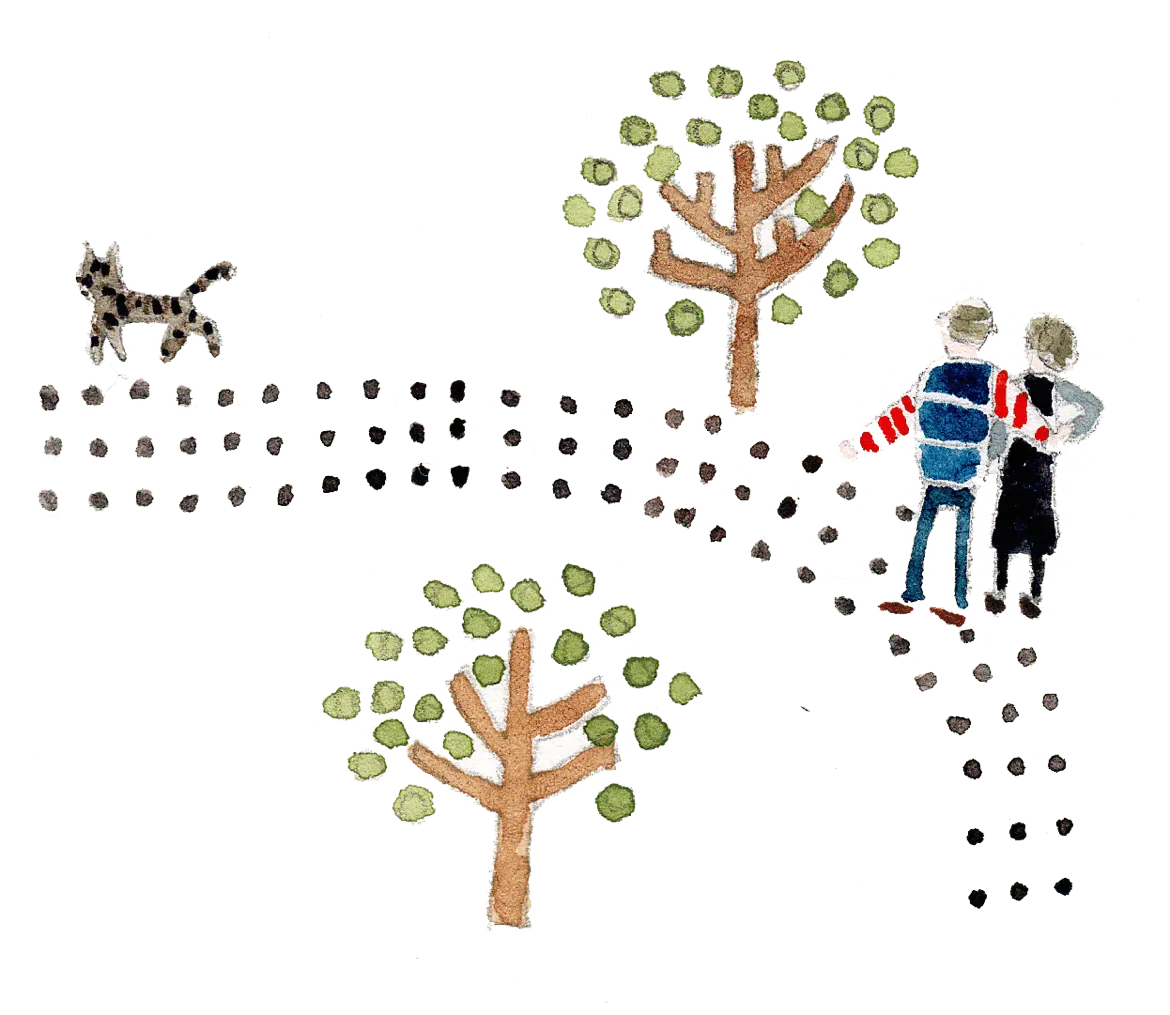 木々が立ち並ぶ小道を、手をつないだ二人の人物が歩いている様子のイラスト
